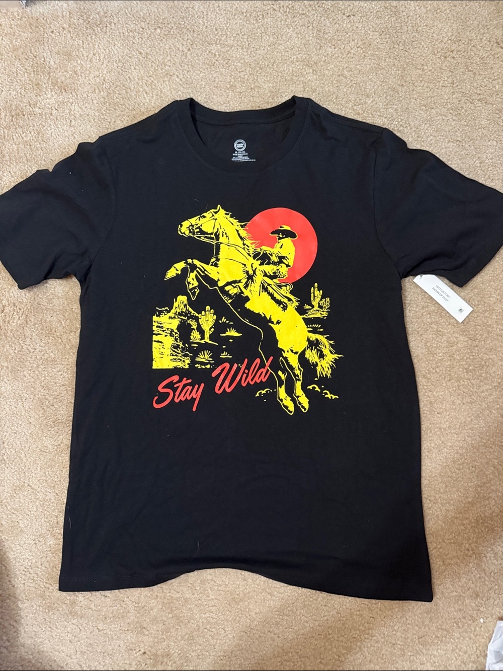 wonder nation Black Tee with‎ Yellow Cowboy & Red Sun Graphic